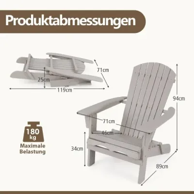 Sada 2 skládacích dřevěných židlí Adirondack s nosností 180 kg Zahradní židle šedá