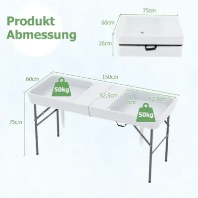 Skládací kempingový stůl s dvojitým umyvadlem a zástěrou a vypouštěcí hadicí Chladicí stůl Zahradní stůl
