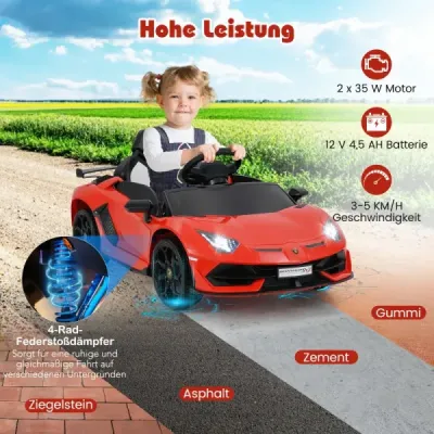 Lamborghini elektrické auto pro děti Dětské vozidlo s dálkovým ovládáním 2,4G a LED světlomety Elektrické vozidlo 3-5 km/h Červená barva