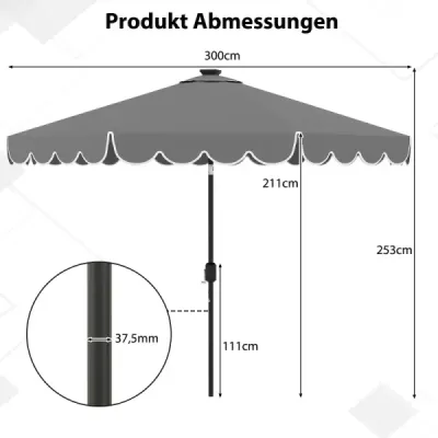 300 cm slunečník s LED osvětlením Zahradní slunečník s kličkou a záclonkou lze sklopit o 35° na obě strany Šedá barva