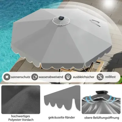 300 cm slunečník s LED osvětlením Zahradní slunečník s kličkou a záclonkou lze sklopit o 35° na obě strany Šedá barva