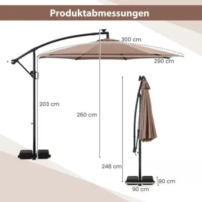300 cm slunečník s LED osvětlením 9 režimů  pytli s pískem a kličkou Nastavitelný úhel sklonu Hnědá barva