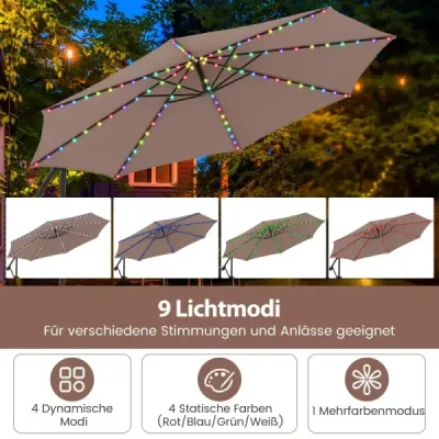 300 cm slunečník s LED osvětlením 9 režimů  pytli s pískem a kličkou Nastavitelný úhel sklonu Hnědá barva
