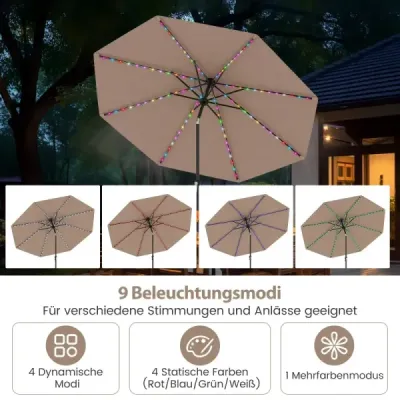 Slunečník 300 cm se solárním osvětlením LED 9 režimů osvětlení Zahradní slunečník s kličkou Káva