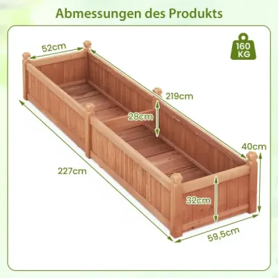 Vyvýšený záhon s květinovým truhlíkem Dřevěný truhlík s přepážkou Odtokové otvory a fleecová fólie Zahradní záhon Záhon 227 x 59,5 x 40 cm Hnědá barva