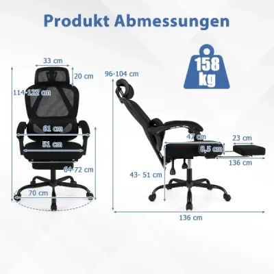 Ergonomická kancelářská židle s výsuvnou podnožkou Kancelářská židle s nastavitelným opěradlem Otočná židle do domácnosti