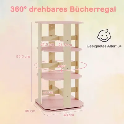 Dětský regál na knihy otočný o 360° třípatrový regál na hračky s 12 přihrádkami 48 x 48 x 95,5 cm růžový
