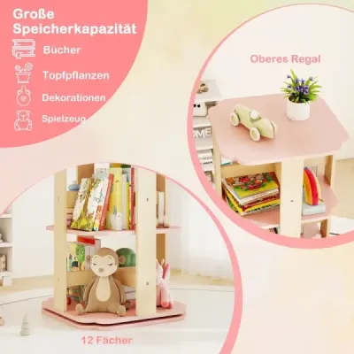 Dětský regál na knihy otočný o 360° třípatrový regál na hračky s 12 přihrádkami 48 x 48 x 95,5 cm růžový