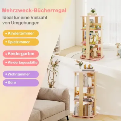 Dětský regál na knihy otočný o 360° třípatrový regál na hračky s 12 přihrádkami 48 x 48 x 95,5 cm růžový
