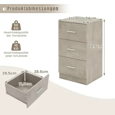 Noční stolek se 3 zásuvkami Noční stolek ve vysokém lesku Noční komoda k posteli se skříňovou pružinou 37 x 34 x 66,5 cm Cementově šedá