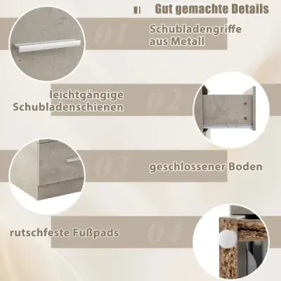 Noční stolek se 3 zásuvkami Noční stolek ve vysokém lesku Noční komoda k posteli se skříňovou pružinou 37 x 34 x 66,5 cm Cementově šedá