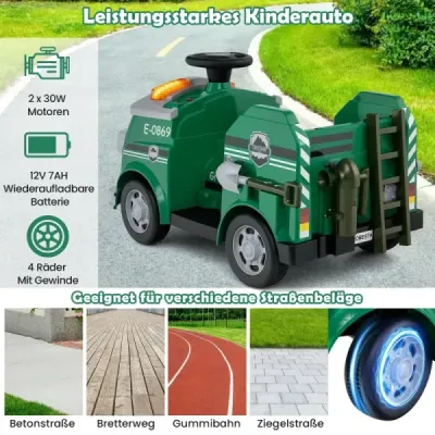 Dětské hasičské auto na klouzání 12V hasičské auto s lopatou a hasicím přístrojem na klouzání zelené barvy