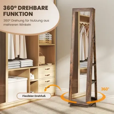 360° otočná skříňka na šperky Organizér na šperky se zrcadlem po celé délce Zadní police Volně stojící zrcadlová skříňka Vintage brown