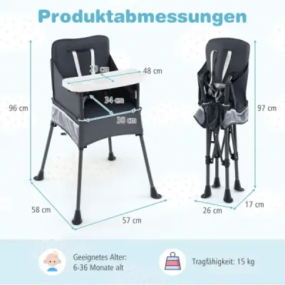 Dětská skládací židlička s nastavitelným podnosem a taškou na přenášení Dětská židlička Dětská židlička