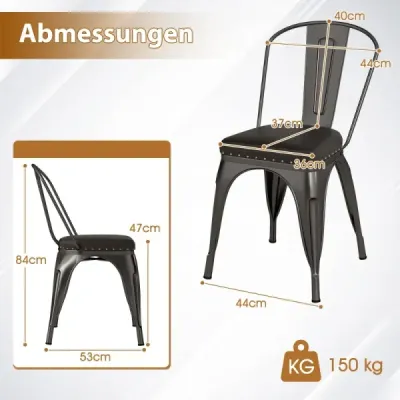 Jídelní židle sada 4 židlí bistro kovové židle stohovatelné kuchyňské židle čalouněné zahradní židle s opěradlem 44 x 53 x 84 cm gunmetal grey