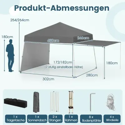Výklopný altán 430 x 280 cm se 2 bočními stěnami, které lze přeměnit na markýzu, kempingový stan Partz, šedý