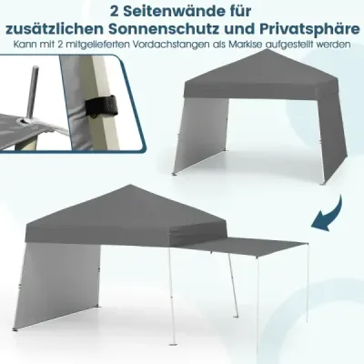 Výklopný altán 430 x 280 cm se 2 bočními stěnami, které lze přeměnit na markýzu, kempingový stan Partz, šedý