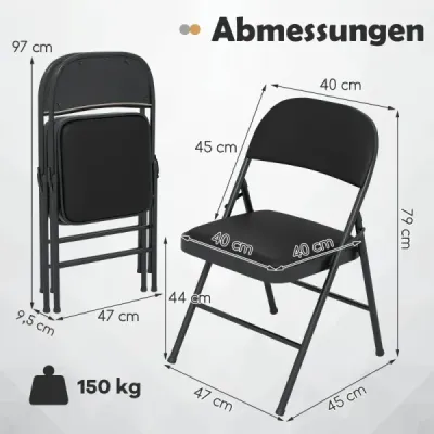 Sada 2 skládacích židlí s kovovým rámem, zahradní židle, kempingová židle z umělé kůže, čalouněné jídelní židle