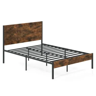 Kovový rám postele pro matraci 200 x 140 cm, industriální postel s platformou a dřevěným čelem a nohou, rustikální hnědá