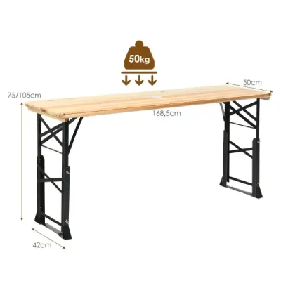 Výškově nastavitelný skládací pivní stůl s otvorem pro slunečník 168,5 x 50 x 75 cm / 105 cm přírodní