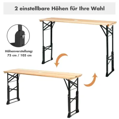 Výškově nastavitelný skládací pivní stůl s otvorem pro slunečník 168,5 x 50 x 75 cm / 105 cm přírodní