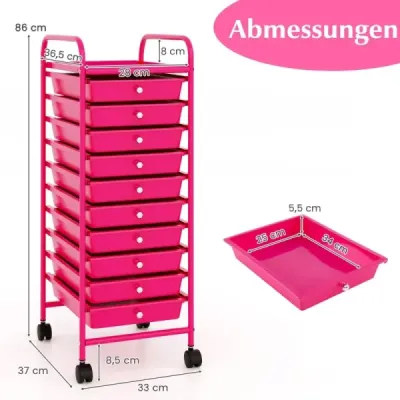 Koupelnový vozík Mobilní podstavec s 10 zásuvkami 33 x 37 x 86 cm Hot Pink