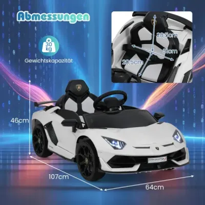 Dětské elektrické auto Lamborghini, dětské vozidlo s 2,4G dálkovým ovládáním a LED světlomety, elektrické vozidlo, bílé