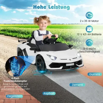 Dětské elektrické auto Lamborghini, dětské vozidlo s 2,4G dálkovým ovládáním a LED světlomety, elektrické vozidlo, bílé
