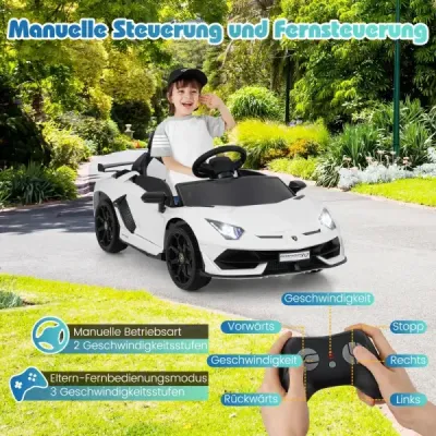 Dětské elektrické auto Lamborghini, dětské vozidlo s 2,4G dálkovým ovládáním a LED světlomety, elektrické vozidlo, bílé