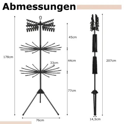 3patrový skládací sušák na prádlo, 178 cm, volně stojící, trojnožkový, s 24 klipy a 32 tyčemi, černý