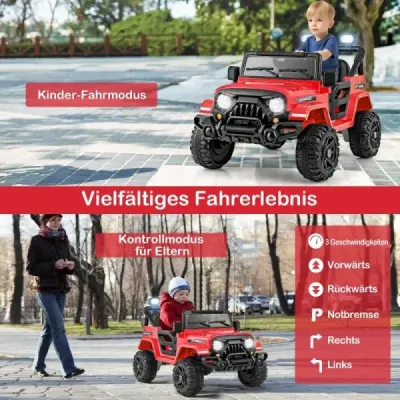 Elektrické vozidlo s dálkovým ovládáním, terénními koly a LED světly. Hračka pro řízení kamionu červená.