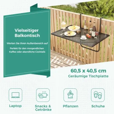Skládací balkonový stůl, obdélníkový závěsný stůl, kovový skládací stůl, černý