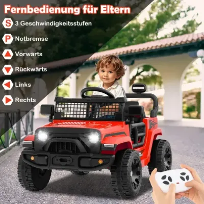 12V dětské elektrické auto s dálkovým ovládáním, hudbou, klaksonem a LED světly, elektrické vozidlo se 3 rychlostmi, červené
