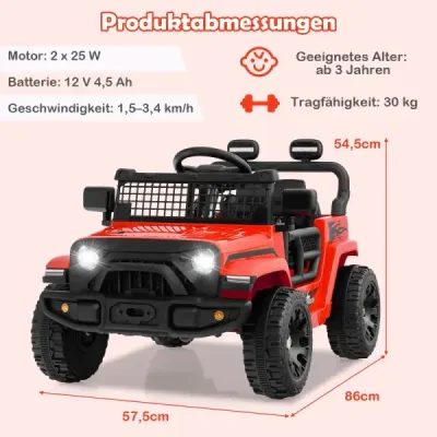 12V dětské elektrické auto s dálkovým ovládáním, hudbou, klaksonem a LED světly, elektrické vozidlo se 3 rychlostmi, červené