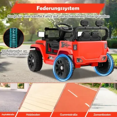 12V dětské elektrické auto s dálkovým ovládáním, hudbou, klaksonem a LED světly, elektrické vozidlo se 3 rychlostmi, červené