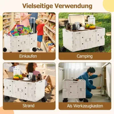 Bollerwagen faltbar Handwagen mit Tischplatte 2 Aufbewahrungskisten verstellbarem Griff & Getränkehaltern 150 L Transportwagen für Camping Weiß
