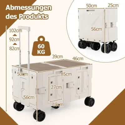 Bollerwagen faltbar Handwagen mit Tischplatte 2 Aufbewahrungskisten verstellbarem Griff & Getränkehaltern 150 L Transportwagen für Camping Weiß