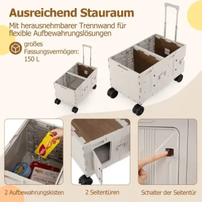 Bollerwagen faltbar Handwagen mit Tischplatte 2 Aufbewahrungskisten verstellbarem Griff & Getränkehaltern 150 L Transportwagen für Camping Weiß