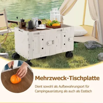 Bollerwagen faltbar Handwagen mit Tischplatte 2 Aufbewahrungskisten verstellbarem Griff & Getränkehaltern 150 L Transportwagen für Camping Weiß