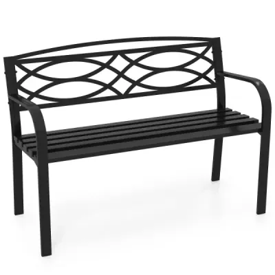 Zahradní lavice kovová, odolná proti povětrnostním vlivům, pro 2 osoby, balkonová lavice s opěradlem a loketní opěrkou 116 x 49 x 83 cm, černá