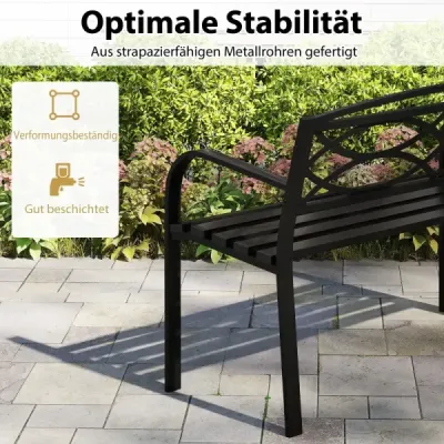 Zahradní lavice kovová, odolná proti povětrnostním vlivům, pro 2 osoby, balkonová lavice s opěradlem a loketní opěrkou 116 x 49 x 83 cm, černá