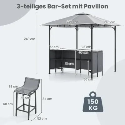 Grilovací pavilon s barem a 2 židlemi Zahradní pavilon s dvojitou střechou 3dílná barová sada šedá