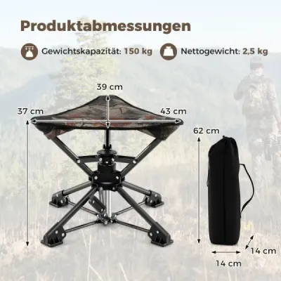 Skládací stolička, otočná o 360°, kempingová stolička s protiskluzovými nožičkami a přepravní taškou, maskáčová