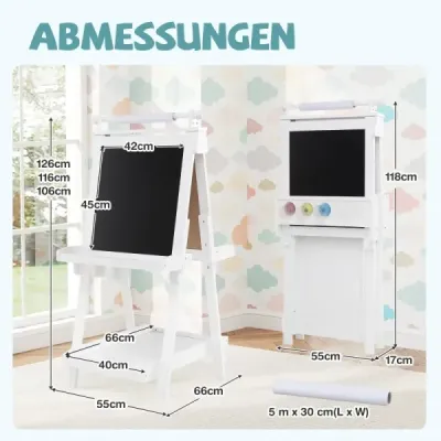 Dětská výškově nastavitelná tabule s bílou tabulí a magnetickou tabulí, skládací stojan, bílá