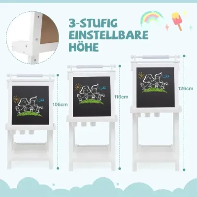 Dětská výškově nastavitelná tabule s bílou tabulí a magnetickou tabulí, skládací stojan, bílá