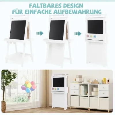 Dětská výškově nastavitelná tabule s bílou tabulí a magnetickou tabulí, skládací stojan, bílá