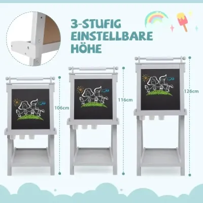 Dětská výškově nastavitelná tabule s bílou a magnetickou tabulí, skládací stojan, šedá