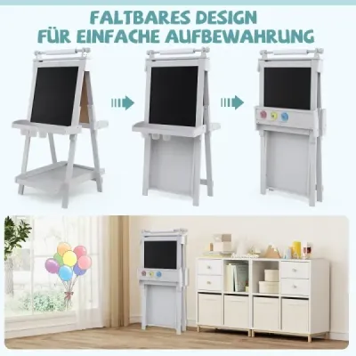 Dětská výškově nastavitelná tabule s bílou a magnetickou tabulí, skládací stojan, šedá
