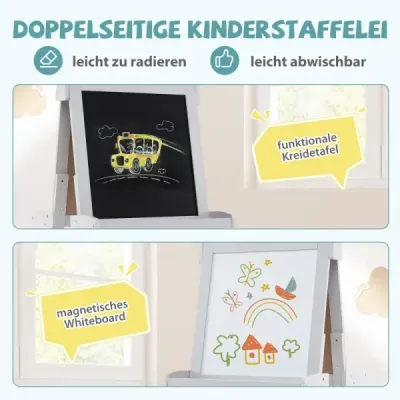 Dětská výškově nastavitelná tabule s bílou a magnetickou tabulí, skládací stojan, šedá