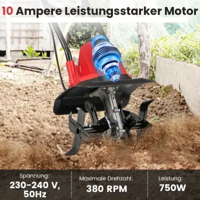 Elektrický kultivátor 750 W | Pracovní šířka 32 cm | Pracovní hloubka 22 cm | 380 ot./min Elektrický kultivátor s bezpečnostním spínačem a rukojetí 32,5 x 24 x 138 cm Červený